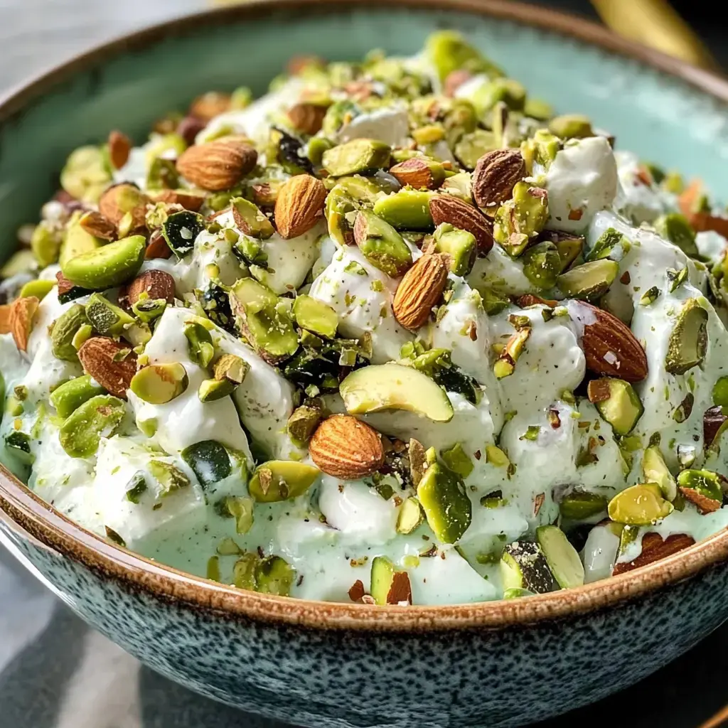 A bowl of creamy yogurt topped with assorted nuts, including pistachios and almonds.