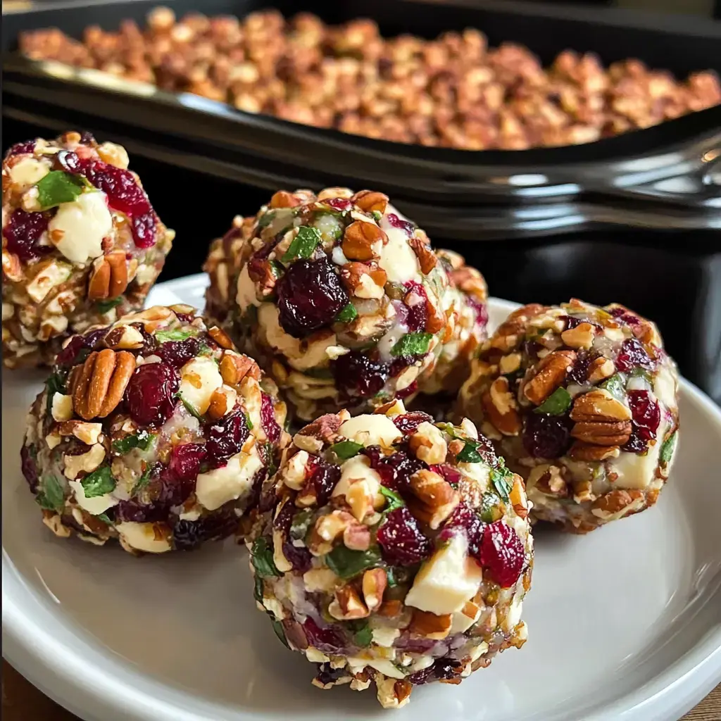 A plate of snack balls made from nuts, dried cranberries, and green ingredients, with a tray of additional snack balls in the background.