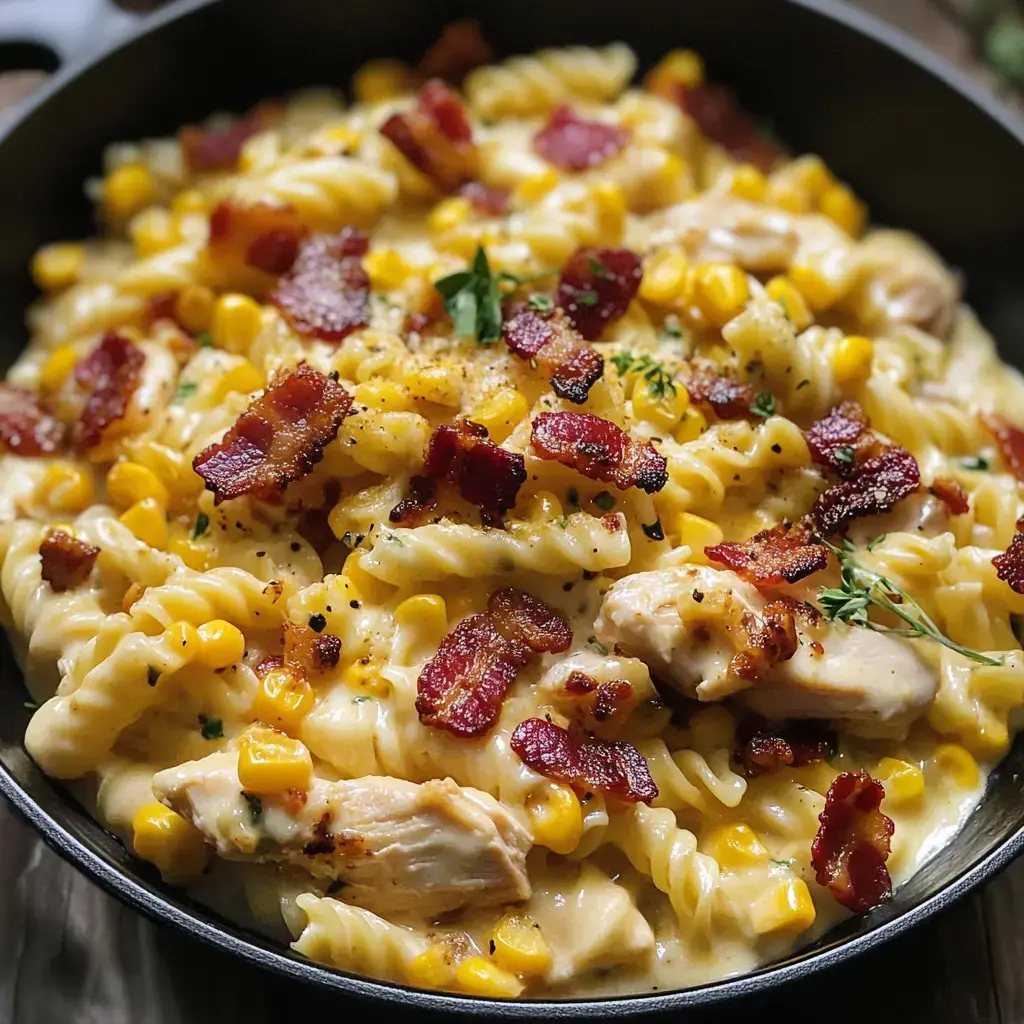 A skillet filled with creamy pasta topped with bacon, corn, and pieces of chicken.