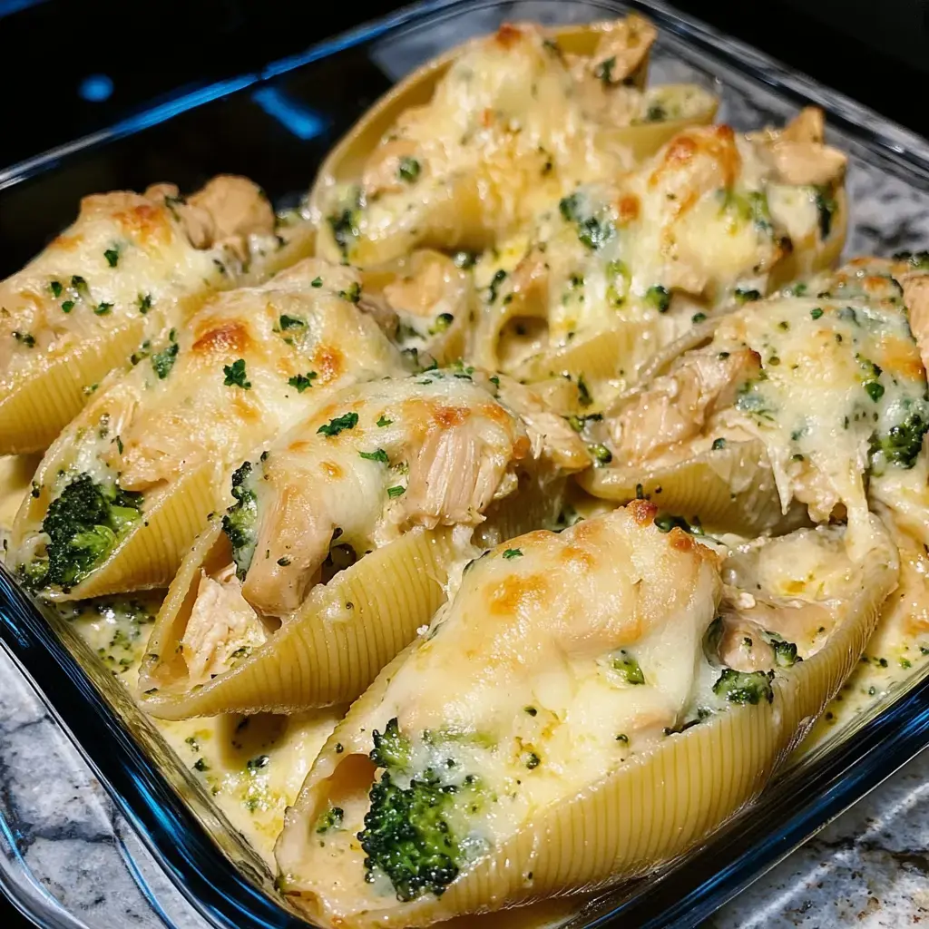 A glass baking dish filled with baked pasta shells stuffed with chicken and broccoli, topped with melted cheese and herbs.