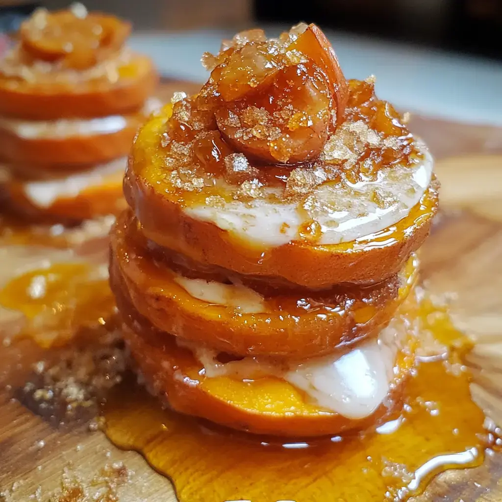 Stacked slices of caramelized fruit with cream and a drizzle of syrup, presented on a wooden surface.