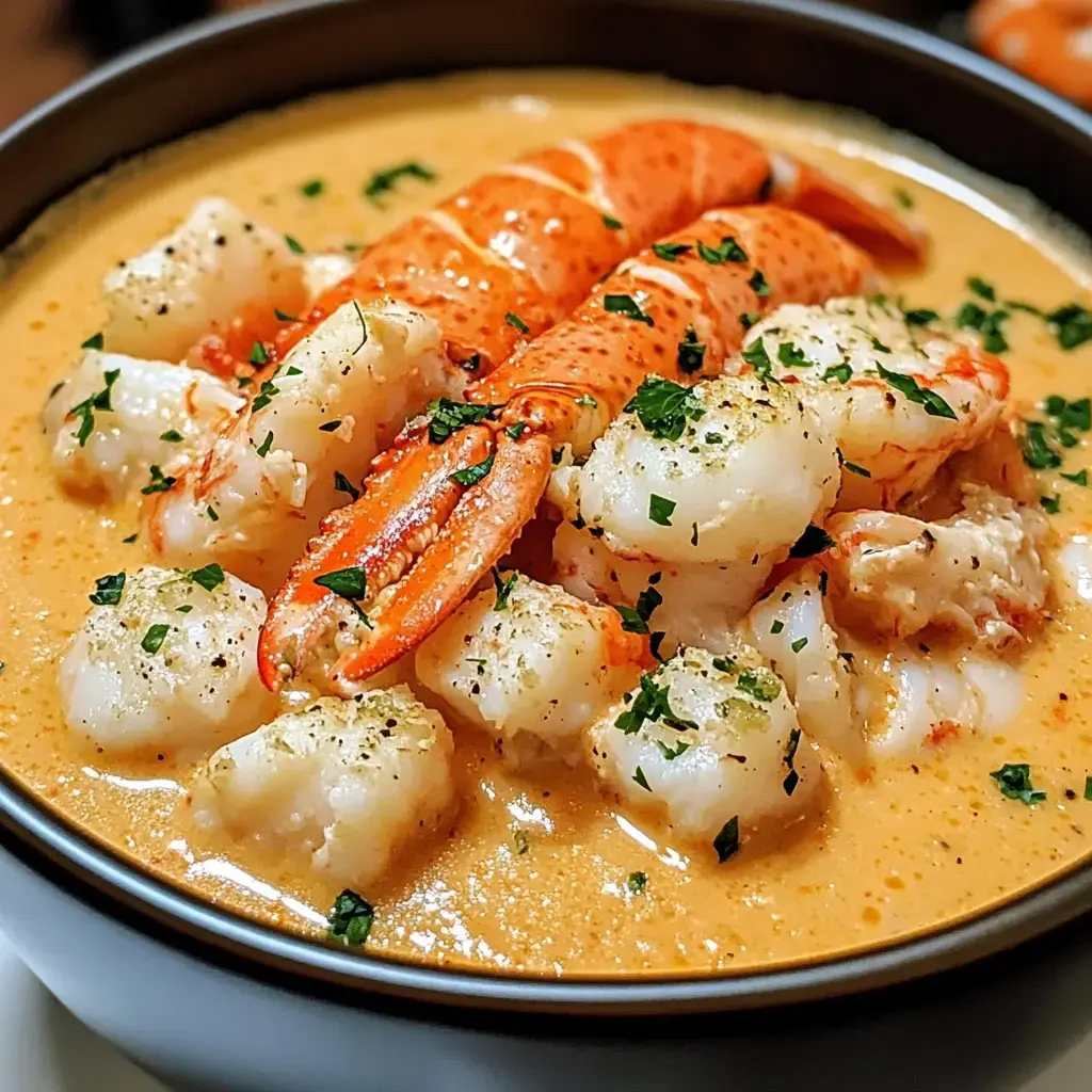 A bowl of creamy seafood soup topped with lobster claws and shrimp, garnished with parsley.