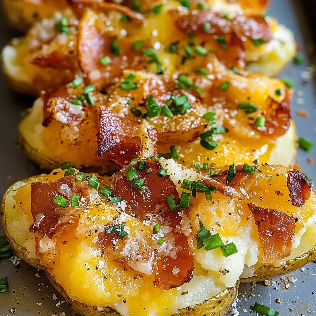 Baked potato halves topped with melted cheese, crispy bacon bits, and chopped chives.