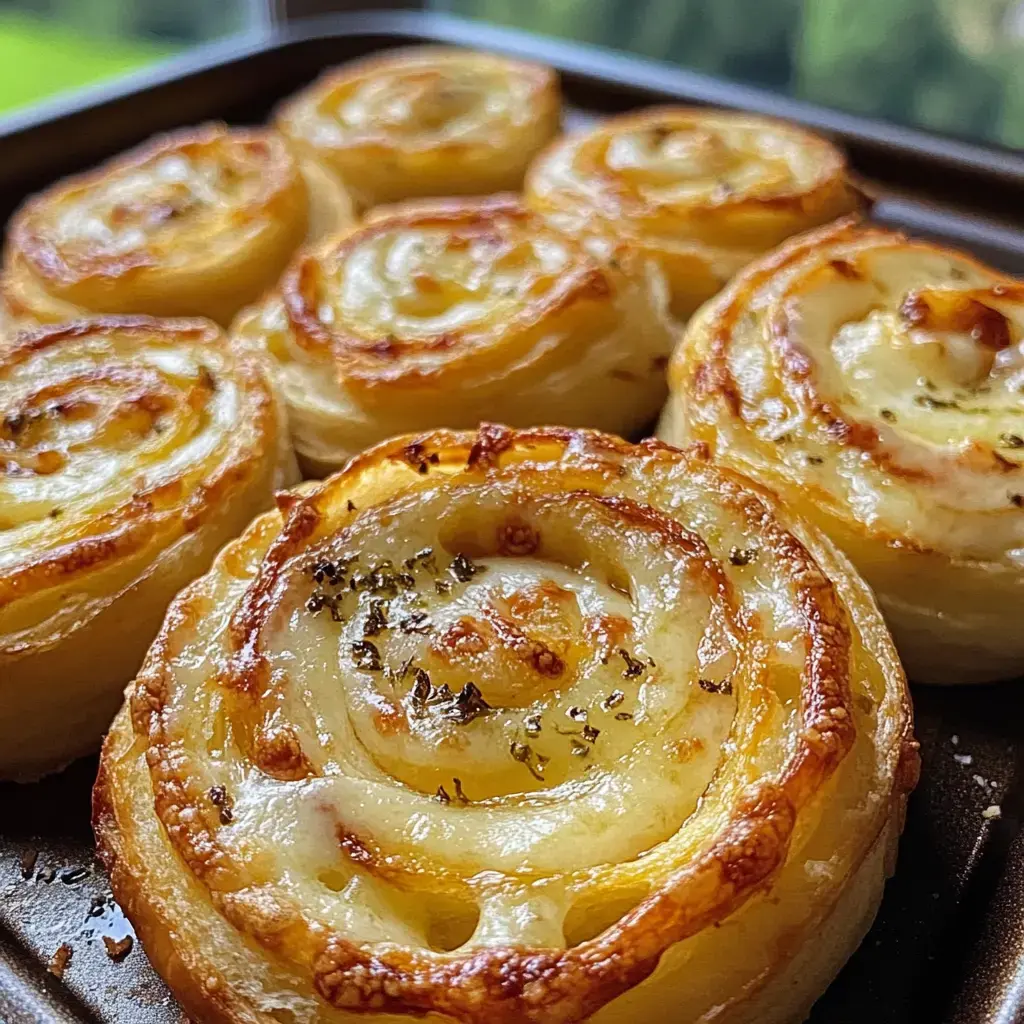 A close-up of golden-brown, cheese-filled pastry rolls arranged in a baking tray.