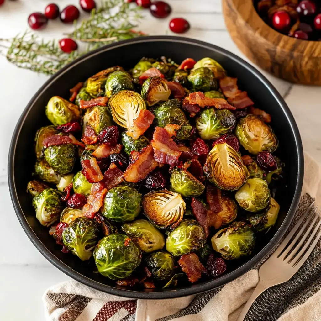 A bowl of roasted Brussels sprouts mixed with crispy bacon and dried cranberries, placed on a textured surface with holiday-themed decorations nearby.