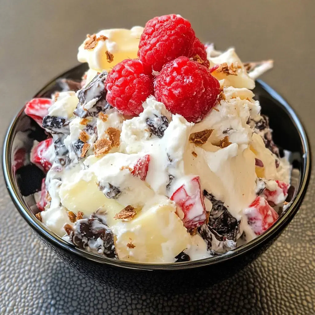 A black bowl filled with a creamy dessert topped with raspberries, chopped fruits, and cookie crumbles.