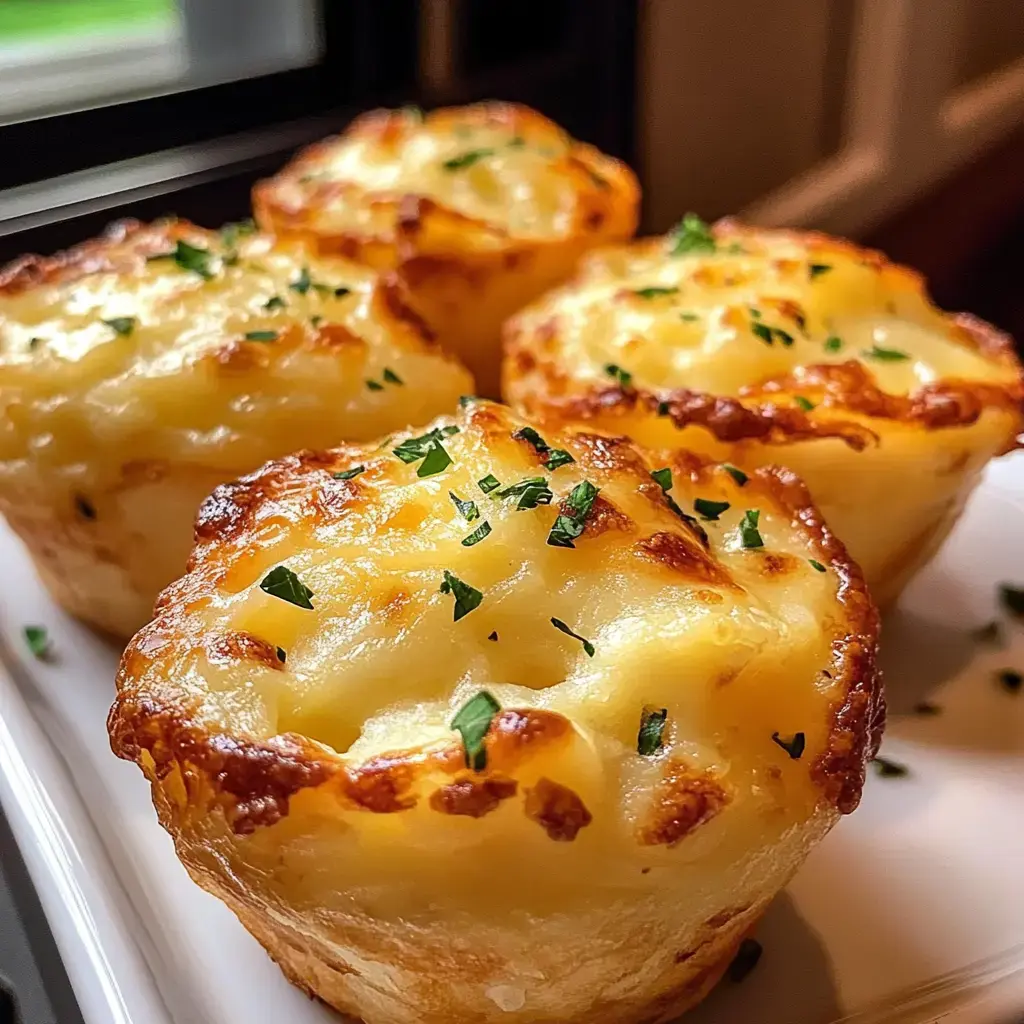 A plate of four golden-brown cheesy potato cups garnished with parsley.