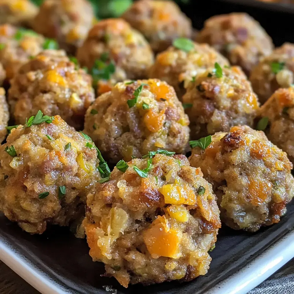 A close-up image of golden-brown meatballs, garnished with green herbs, arranged neatly on a black plate.