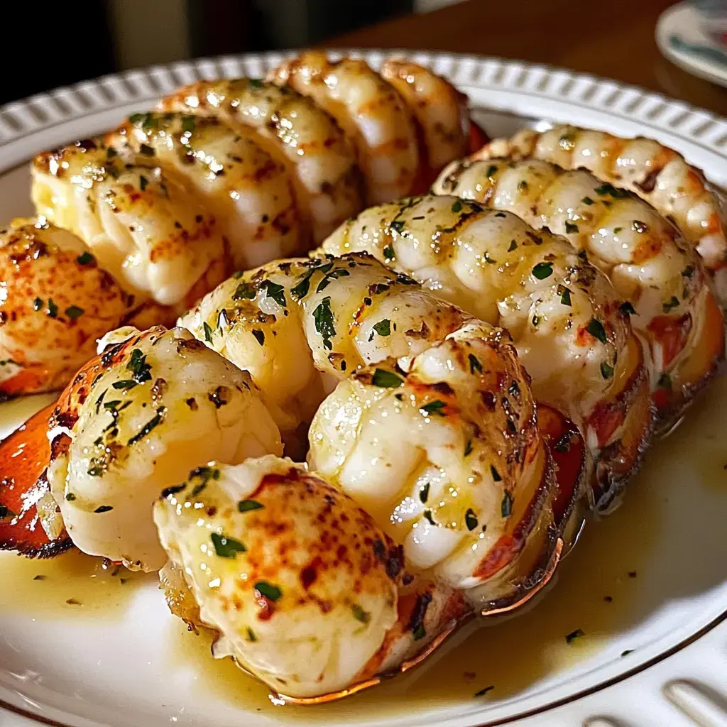 Two beautifully grilled lobster tails are served on a plate, drizzled with melted butter and garnished with herbs.