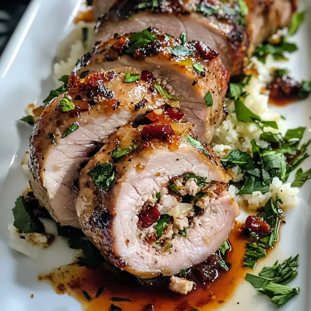 Sliced, stuffed pork tenderloin garnished with herbs and accompanied by a savory sauce on a white platter.