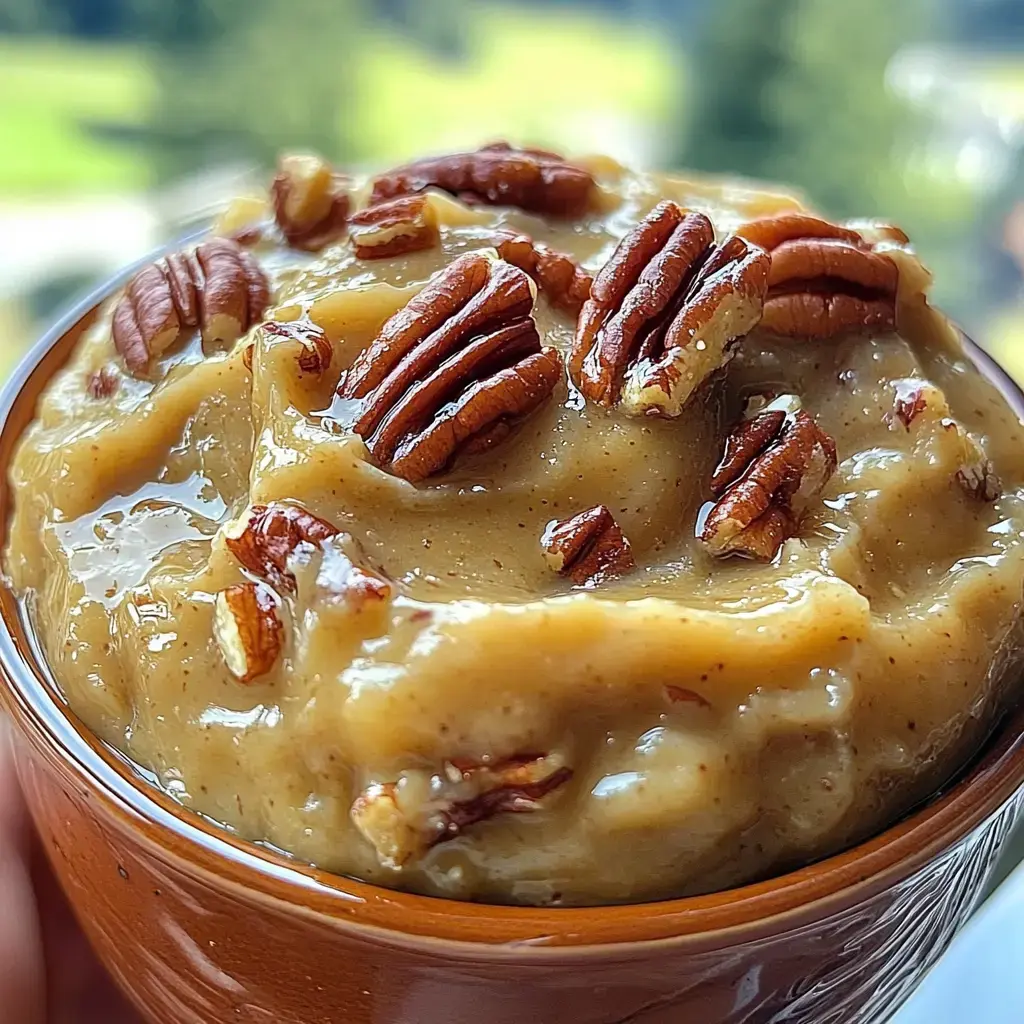 A close-up of a bowl filled with creamy pecan butter topped with whole pecans.