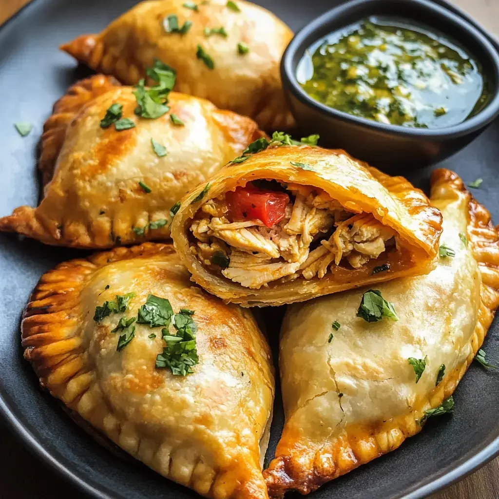 A plate of golden-brown, baked empanadas filled with shredded chicken and tomatoes, garnished with chopped cilantro, alongside a small bowl of green sauce.