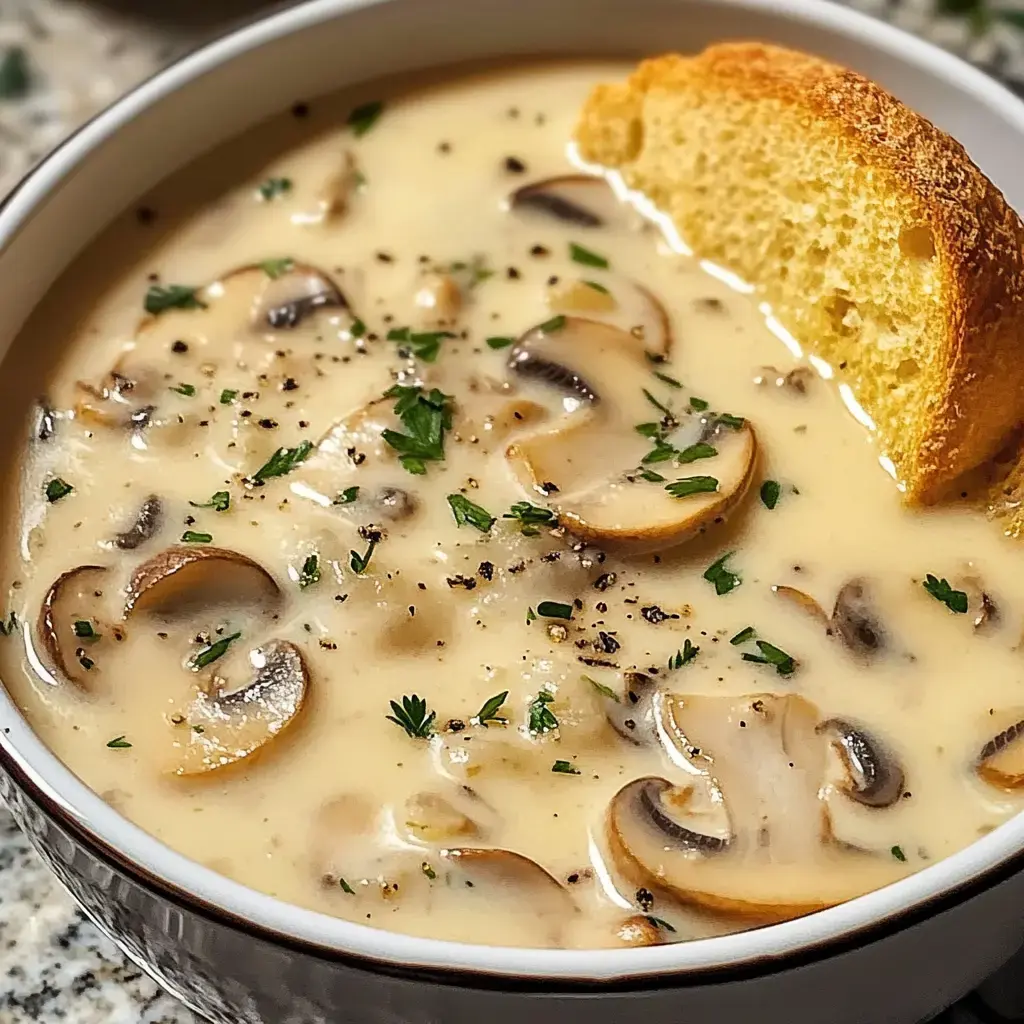 A bowl of creamy mushroom soup garnished with chopped parsley and served with a slice of bread.