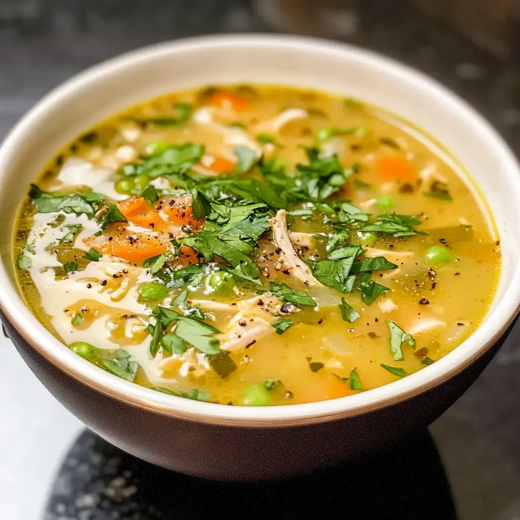 A bowl of chicken soup garnished with chopped parsley, featuring pieces of chicken, carrots, and peas in a flavorful broth.