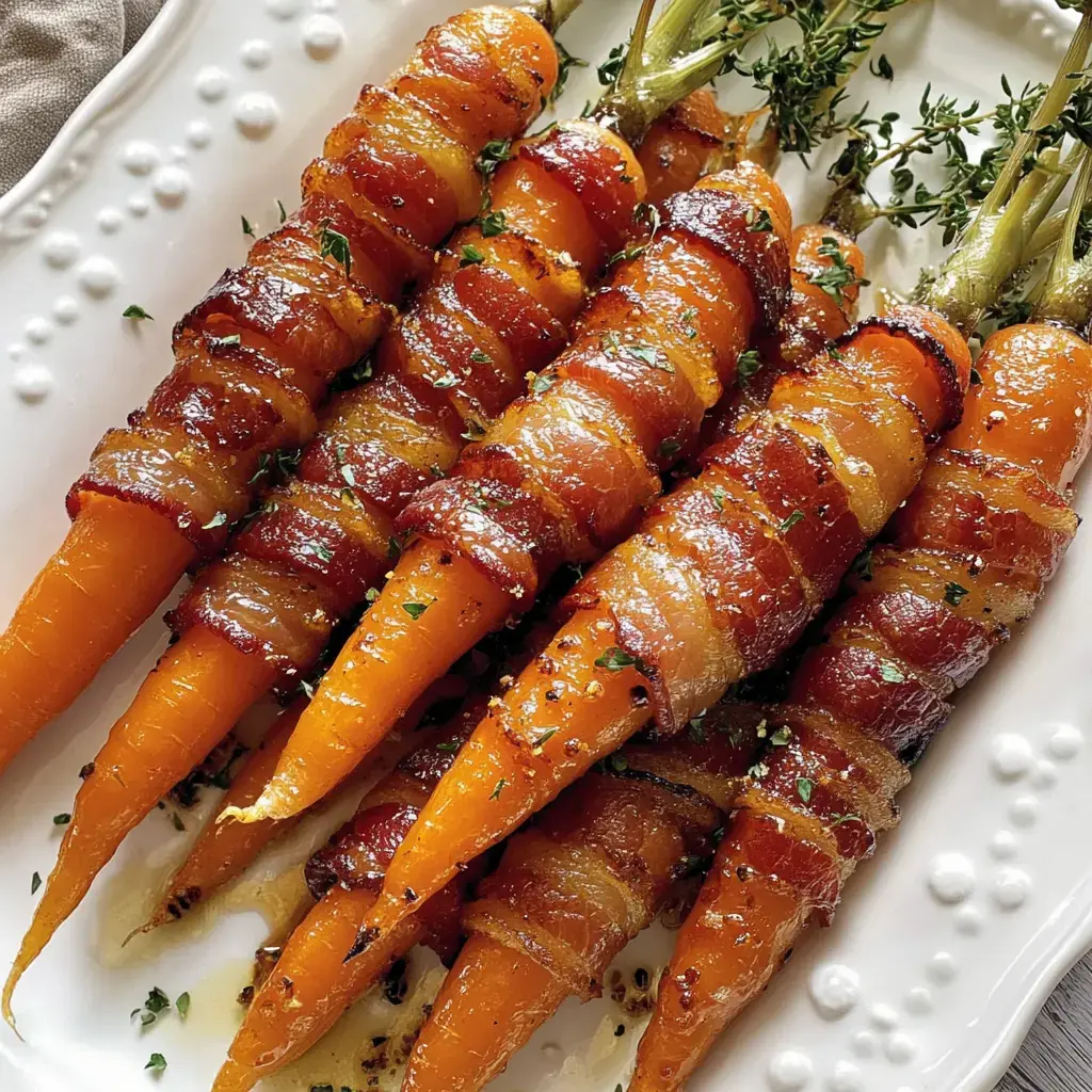 A platter of roasted carrots wrapped in crispy bacon, garnished with herbs.