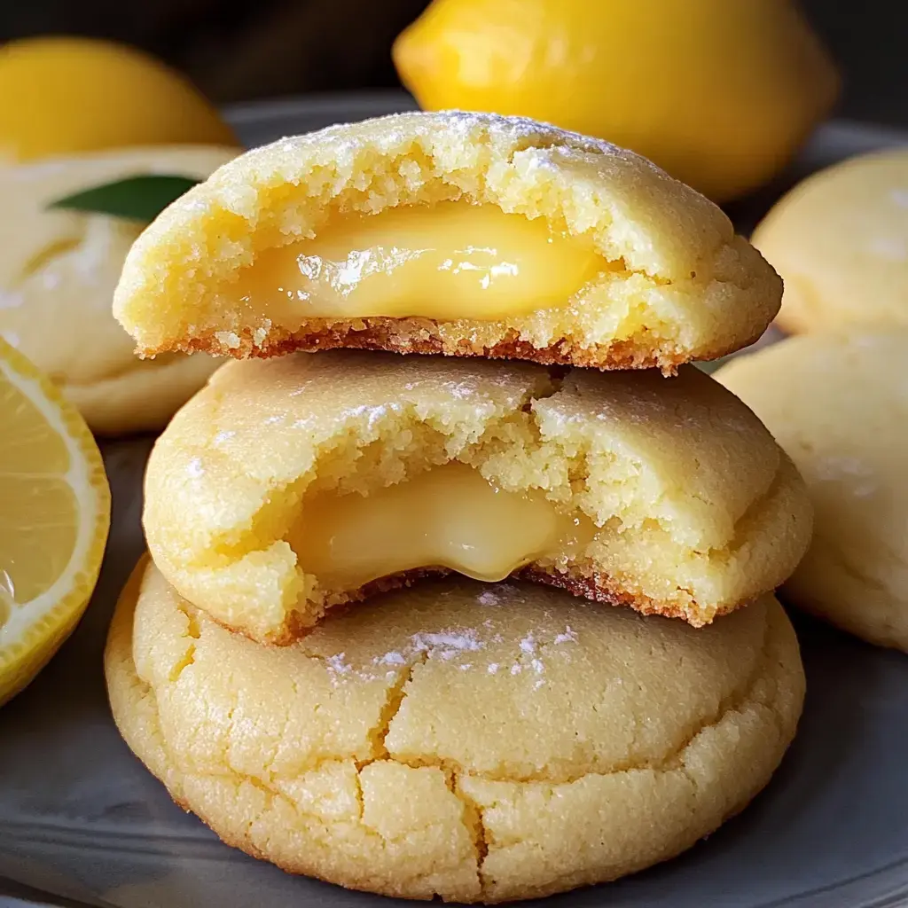 A stack of three lemon-filled cookies is shown, with some cut in half to reveal their gooey, yellow filling, alongside fresh lemons in the background.