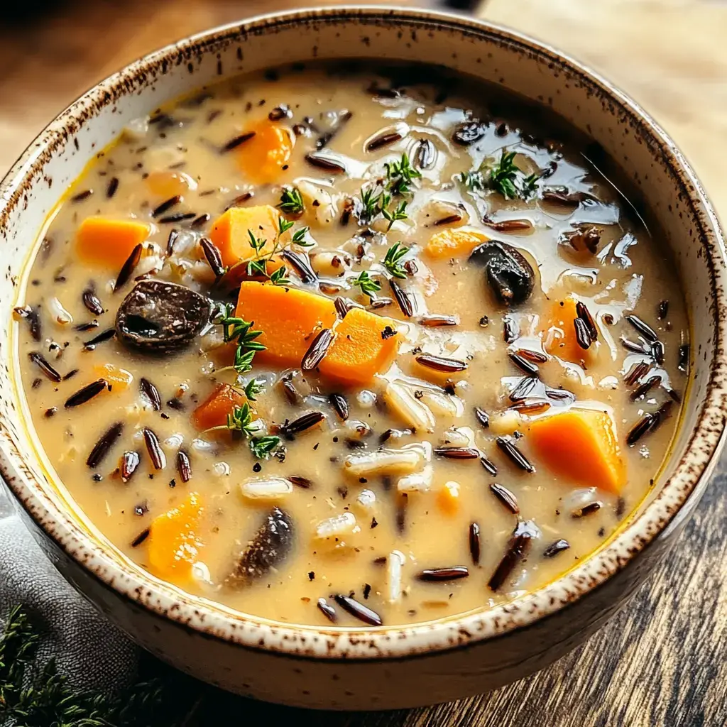 A bowl of creamy soup featuring chunks of squash, wild rice, and garnished with fresh thyme.