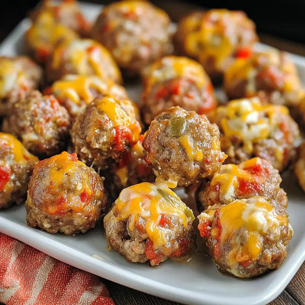 A plate of cheesy meatballs with visible bits of red and green peppers.