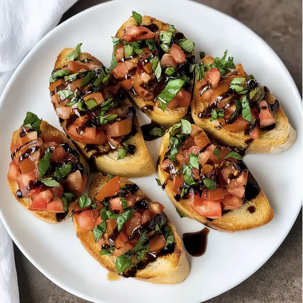 A plate of toasted bread slices topped with a mixture of diced tomatoes, basil, and a drizzle of balsamic glaze.