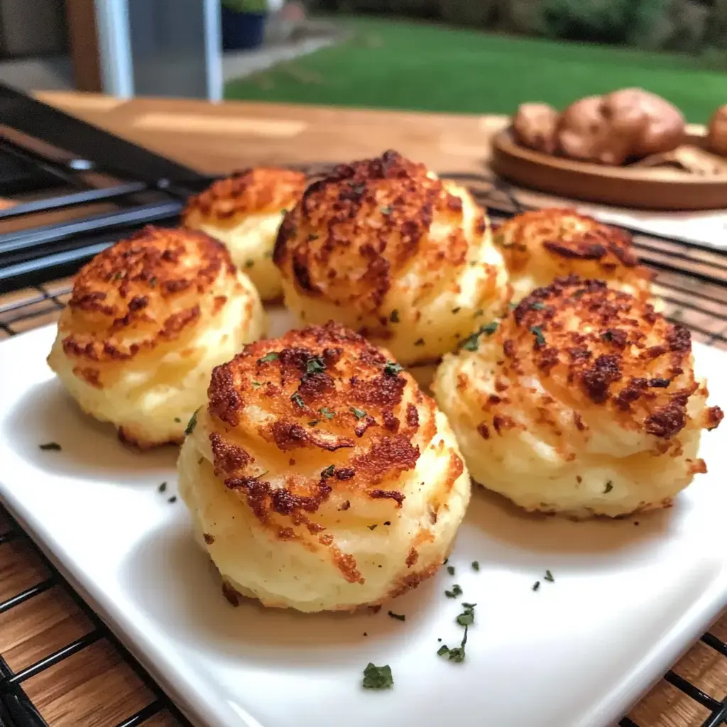 A plate of golden-brown, crispy potato puffs garnished with parsley, served on a wooden table.