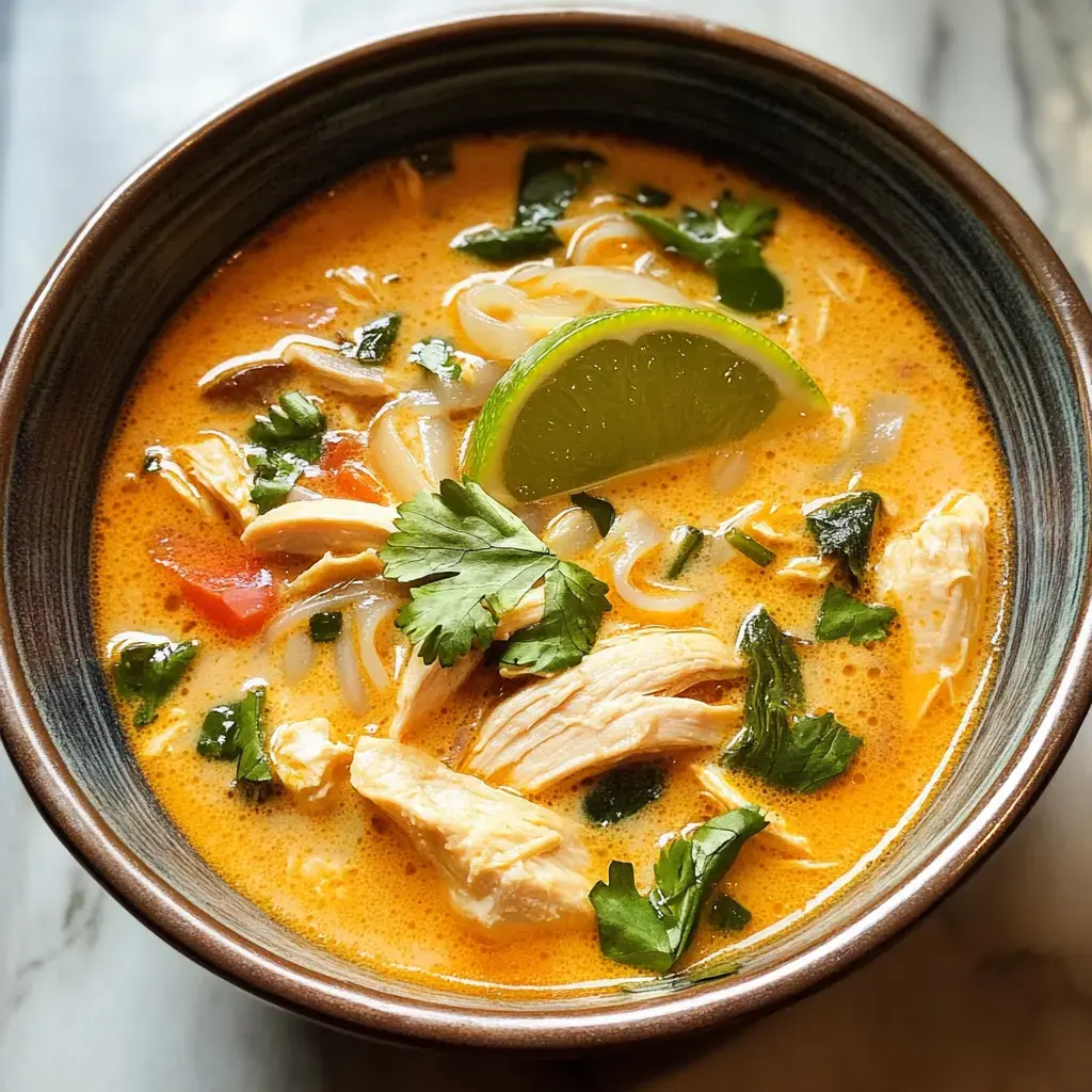 A bowl of creamy chicken soup with noodles, garnished with lime and fresh herbs.