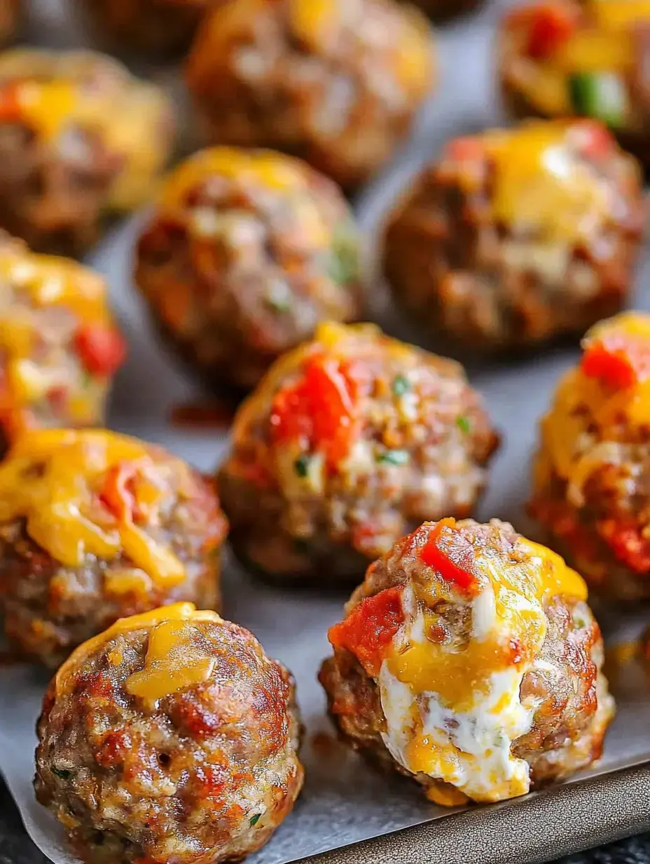 A close-up of meatballs topped with melted cheese and pieces of red pepper, arranged on a baking sheet.