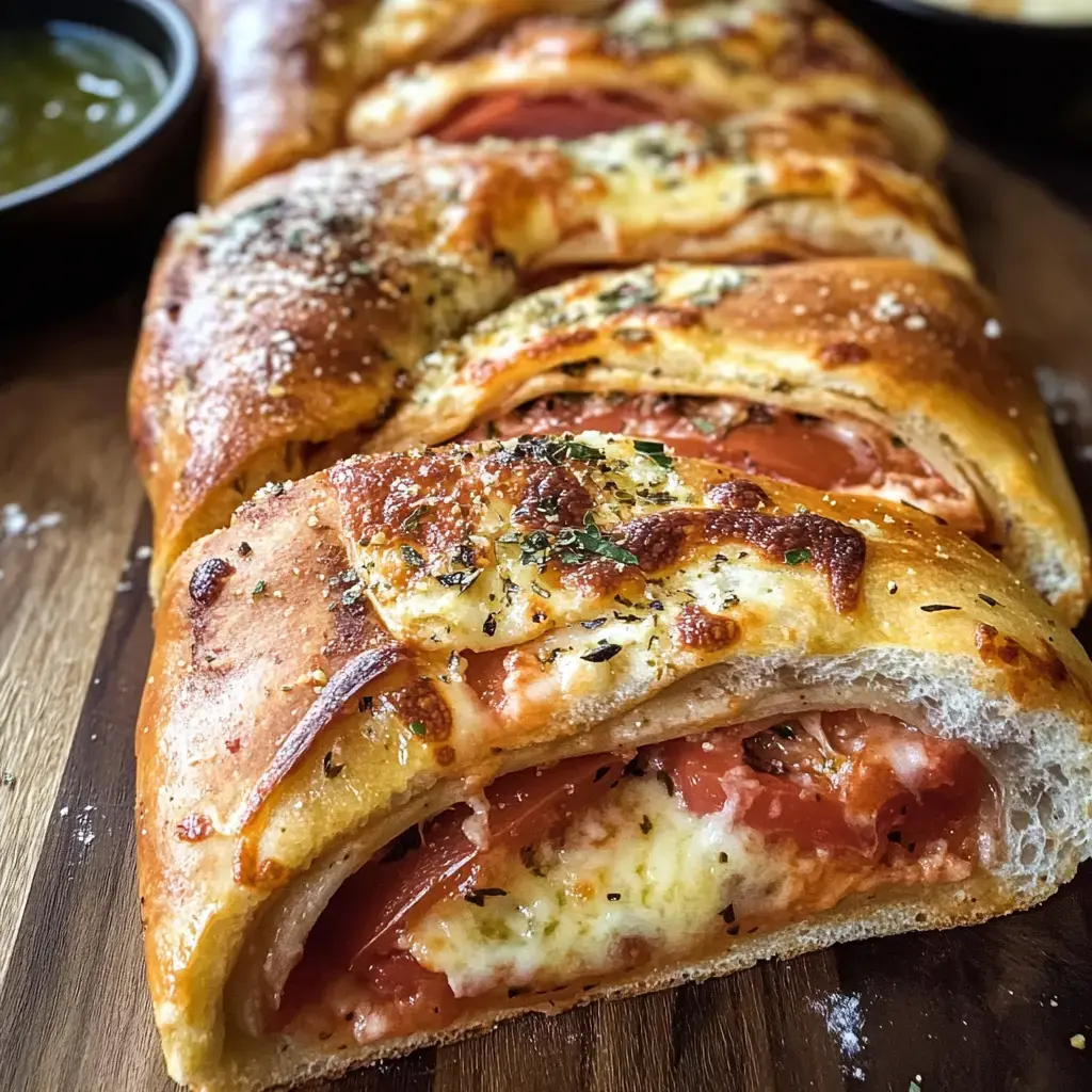 A freshly baked cheese and ham stuffed bread roll, sliced and garnished with herbs, displayed on a wooden serving board alongside a small bowl of green sauce.