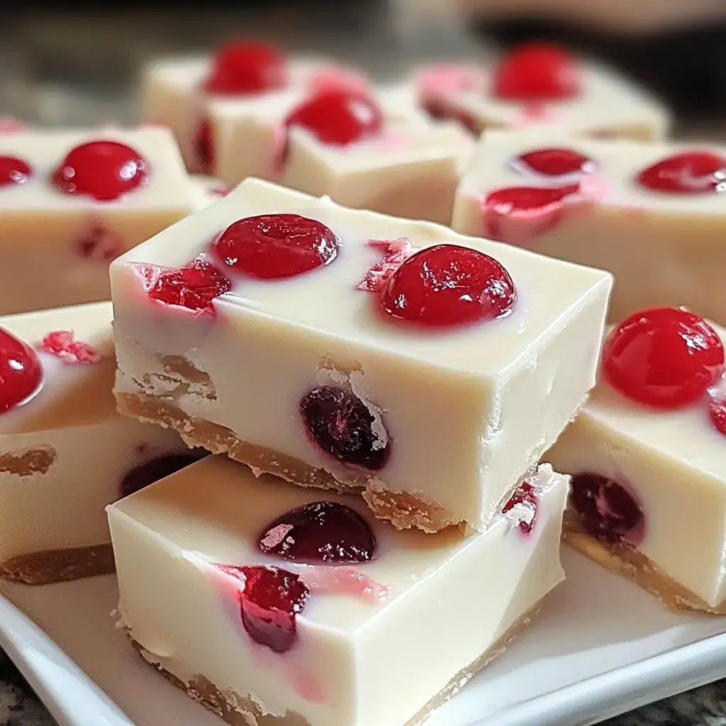 A close-up of creamy dessert squares featuring cherries on top and a crumbly base.