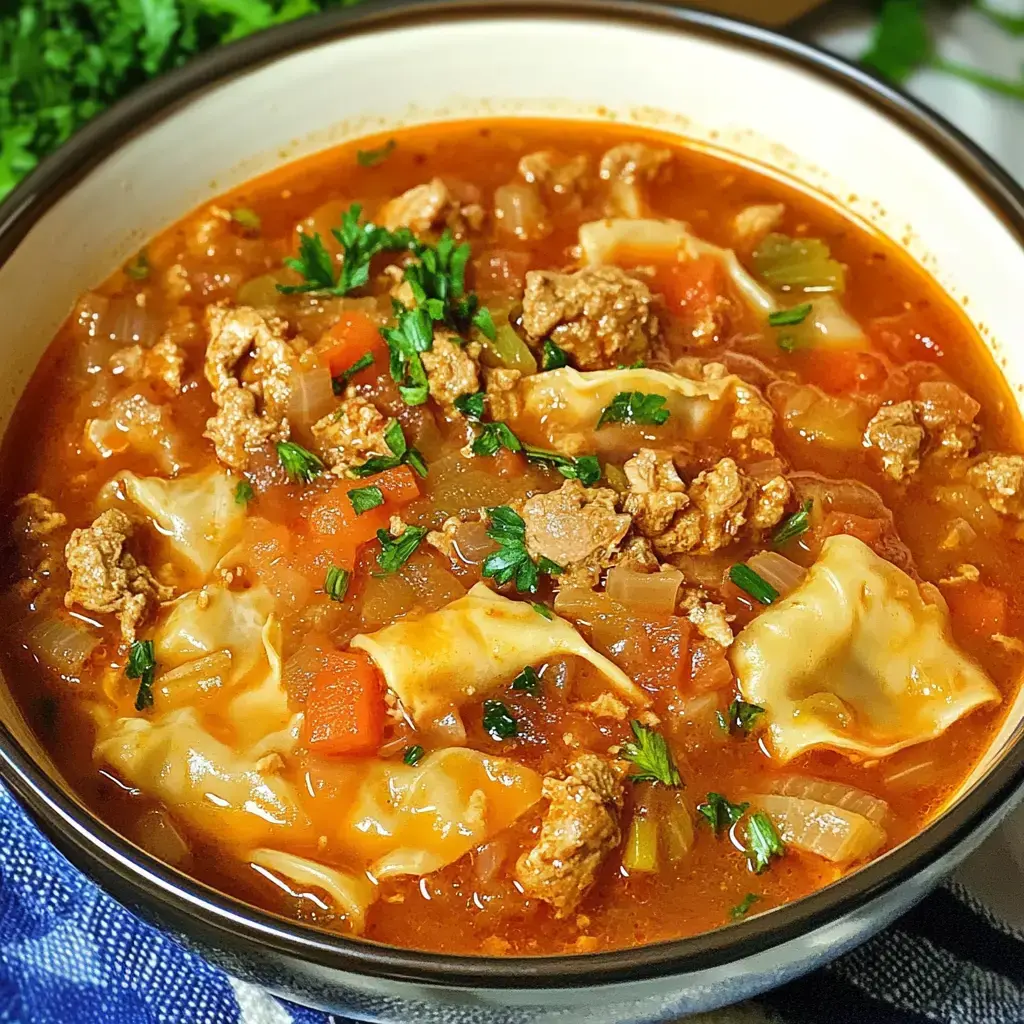 A bowl of savory soup containing meat, vegetables, and pasta, garnished with chopped herbs.