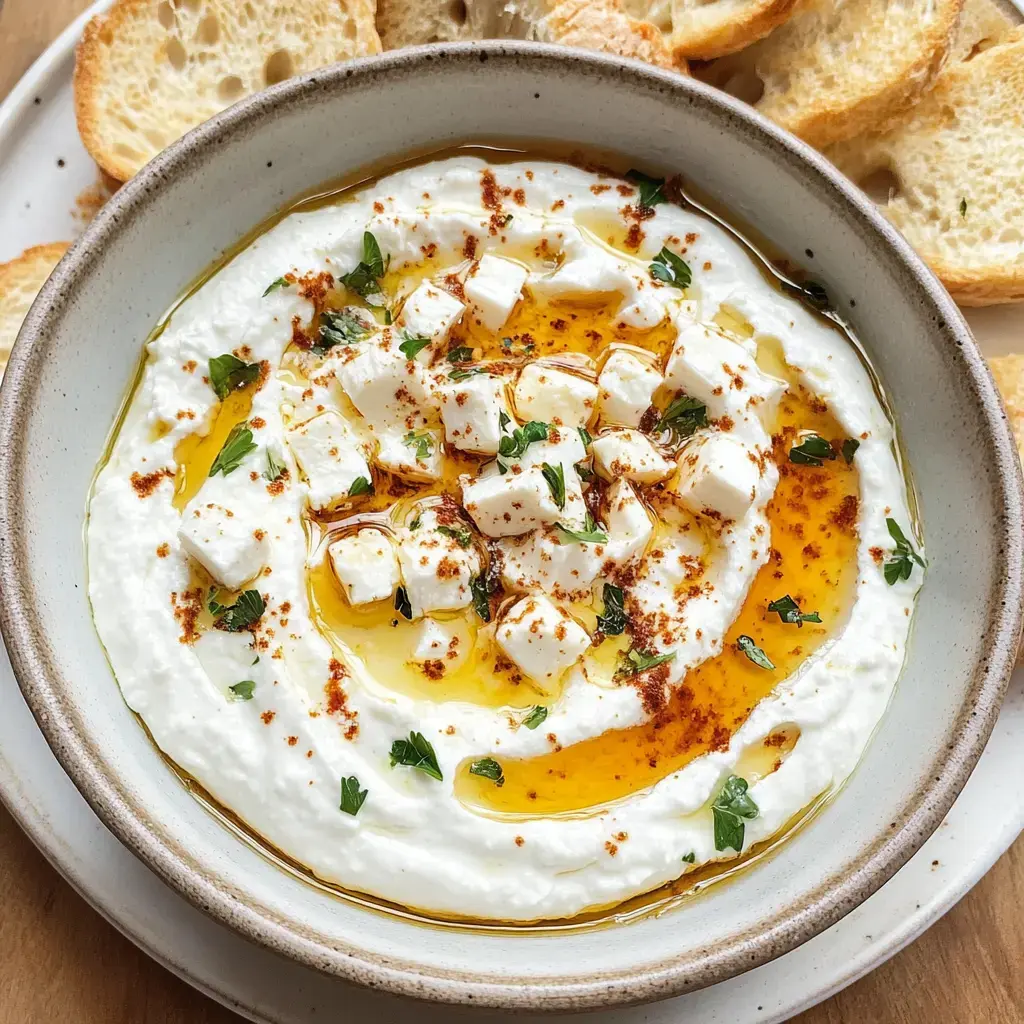 A bowl of thick, creamy yogurt drizzled with olive oil and topped with diced feta cheese, herbs, and spices, accompanied by slices of toasted bread.