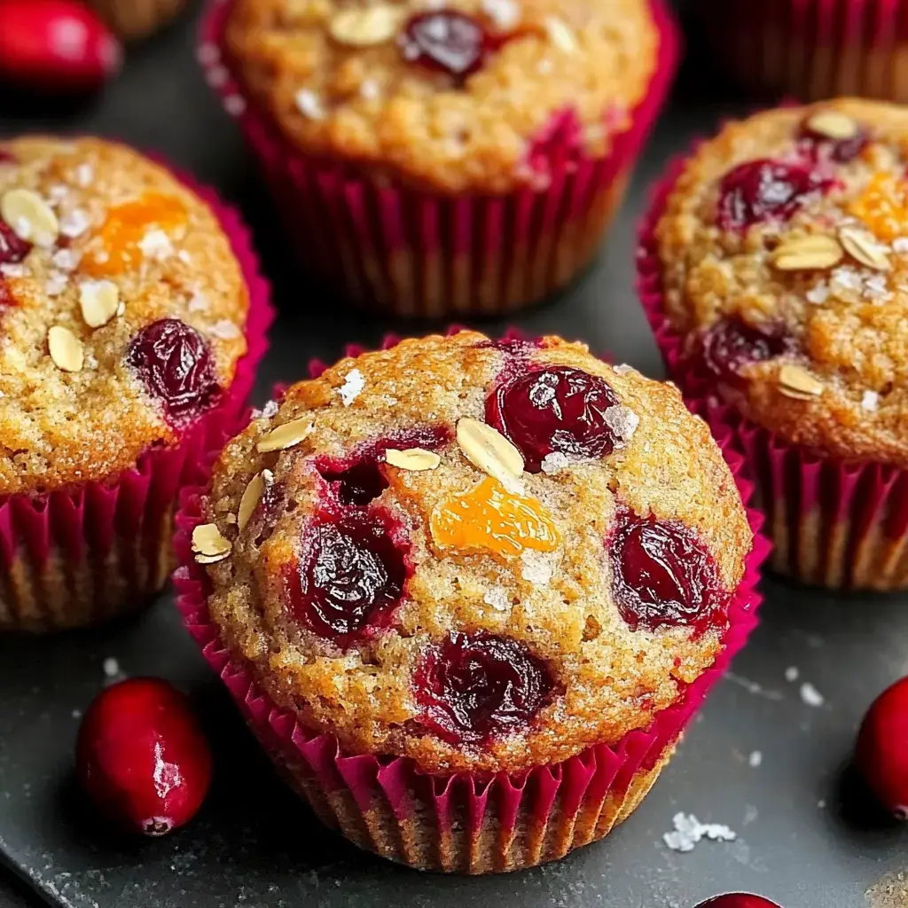 The image features several freshly baked muffins topped with cranberries, oats, and a sprinkle of coarse sugar, displayed on a dark surface.