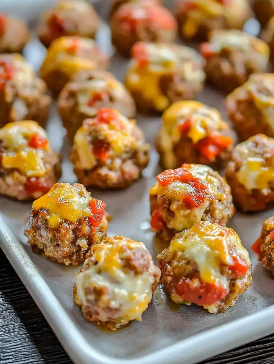 A platter of baked meatballs topped with cheese and tomato sauce.