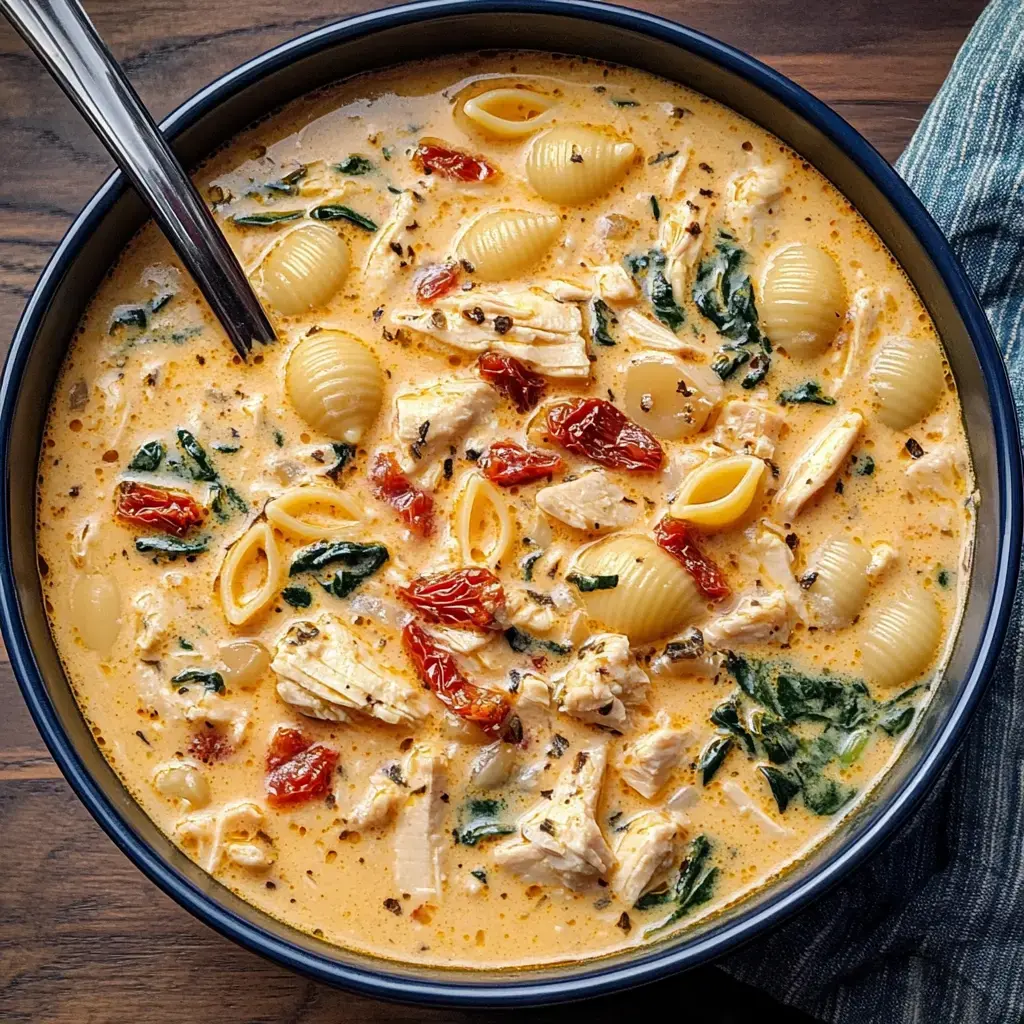 A close-up view of a creamy soup featuring pasta shells, shredded chicken, spinach, and sun-dried tomatoes in a rich broth.