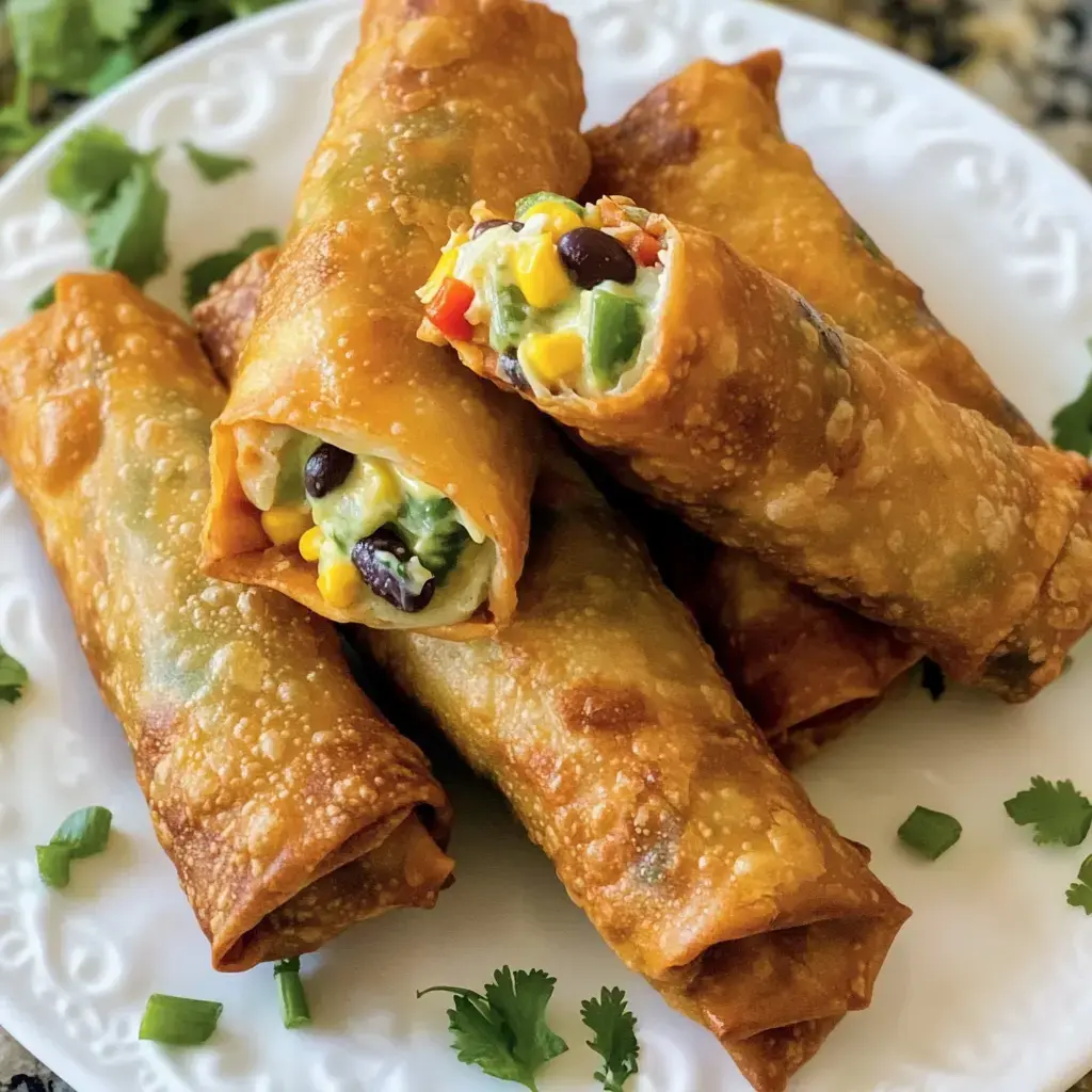 A plate of crispy, golden-brown spring rolls filled with colorful vegetables, including corn, black beans, and peppers.