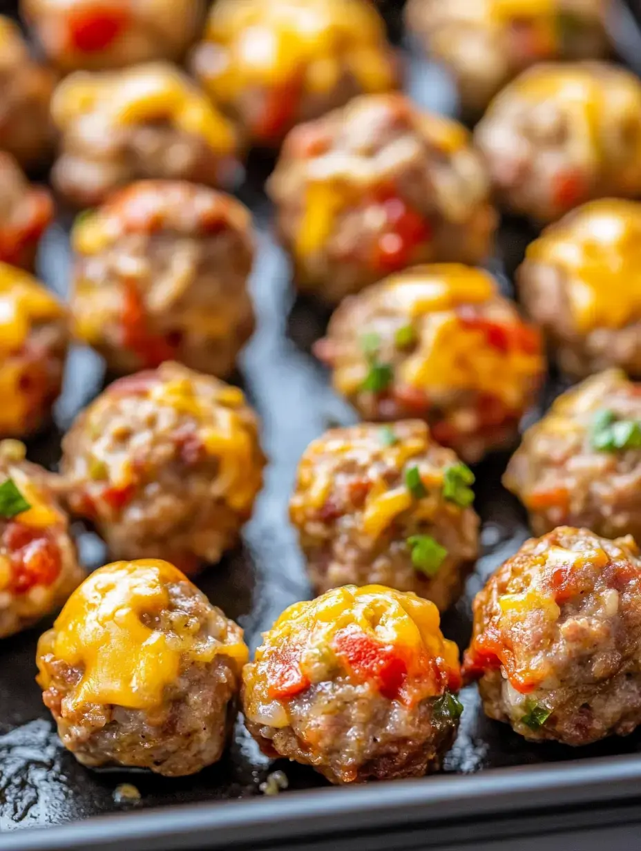 A tray of baked meatballs topped with melted cheese and garnished with bits of red sauce and green herbs.