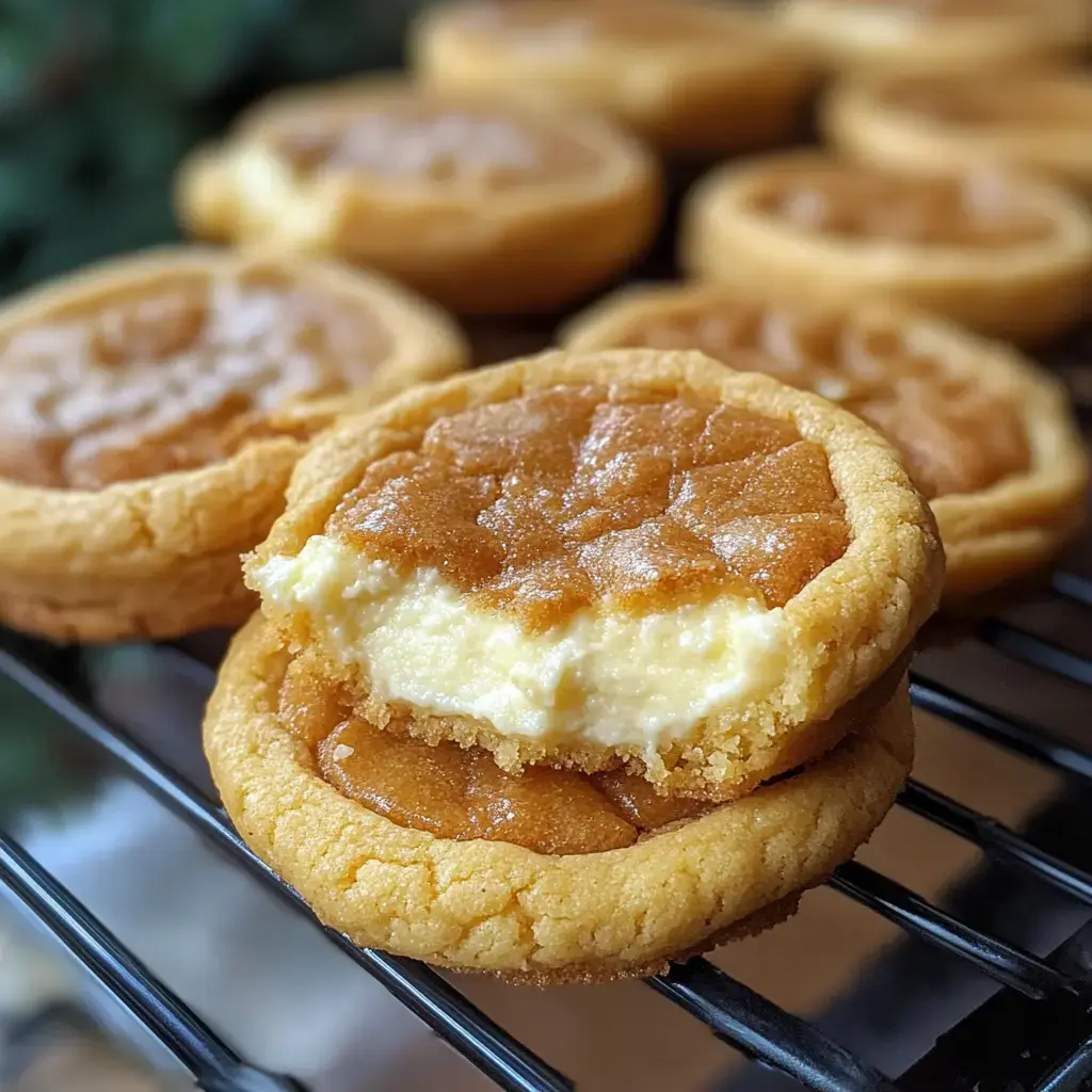 A close-up image of two golden, baked cookie cups filled with a creamy filling, resting on a wire rack with more cookie cups in the background.