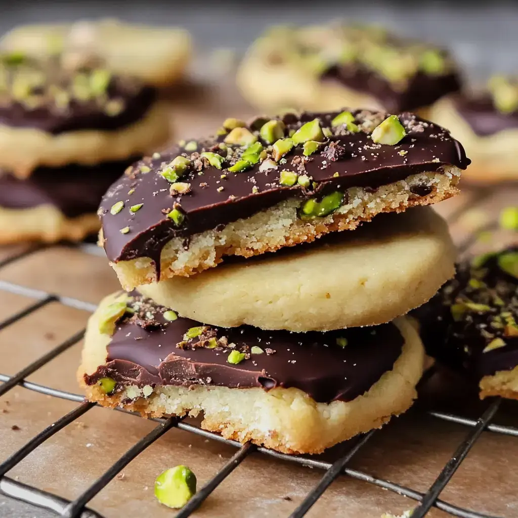 A stack of two cookies topped with chocolate and chopped pistachios sits on a wire rack, with more cookies in the background.