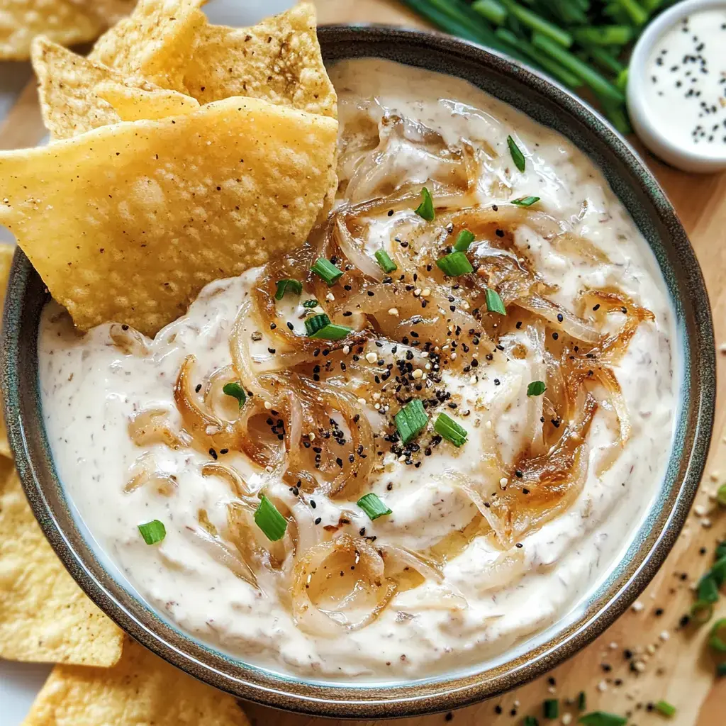 A bowl of creamy dip topped with caramelized onions and black pepper, surrounded by tortilla chips.