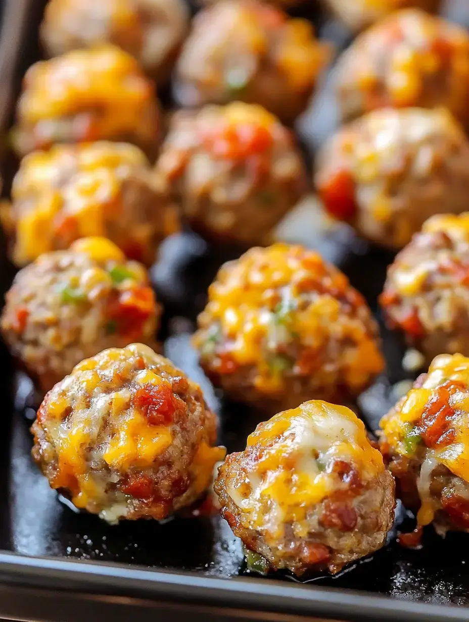 A close-up image of golden-brown meatballs topped with melted cheese and colorful bits of vegetables on a dark baking tray.