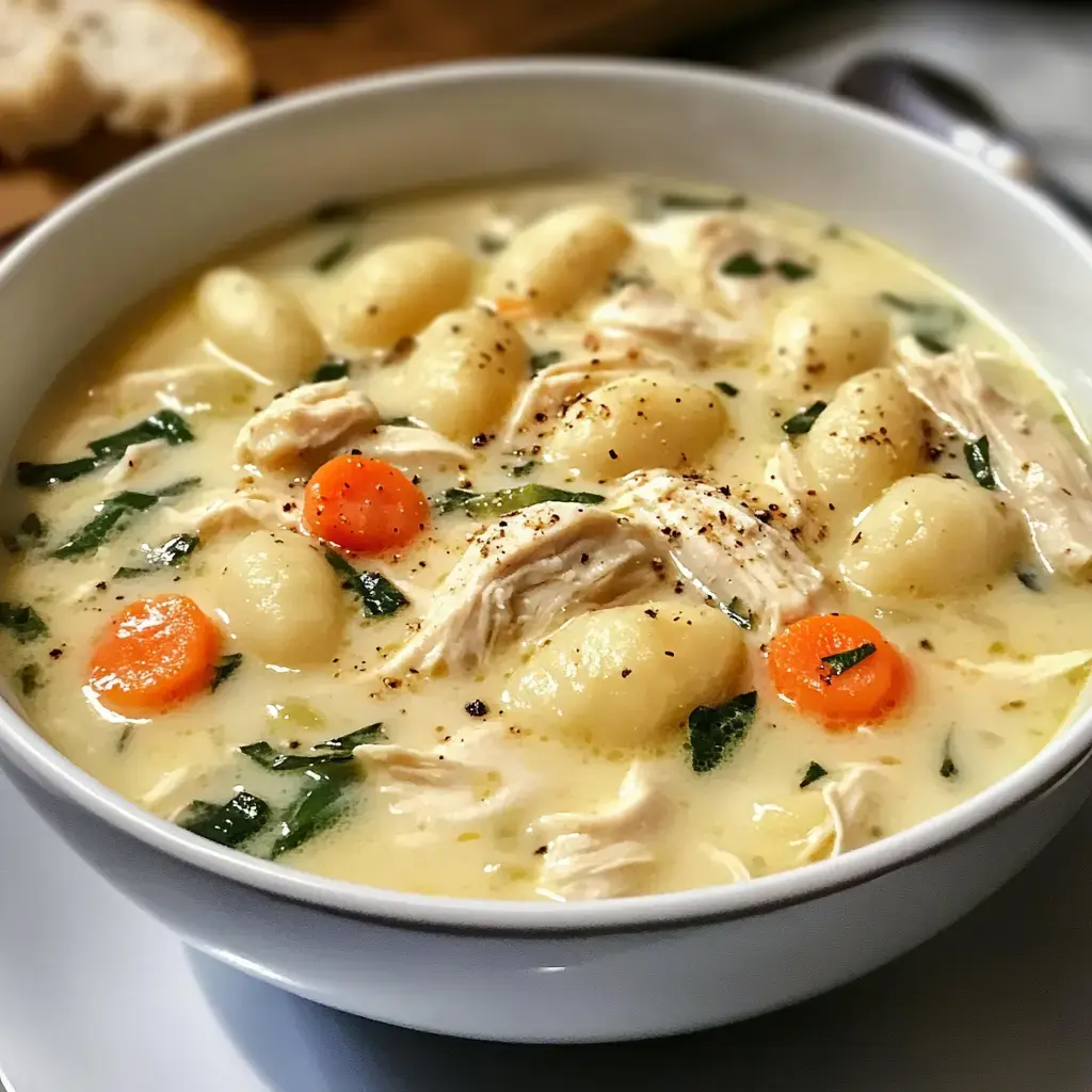 A bowl of creamy chicken and gnocchi soup with carrots and spinach.