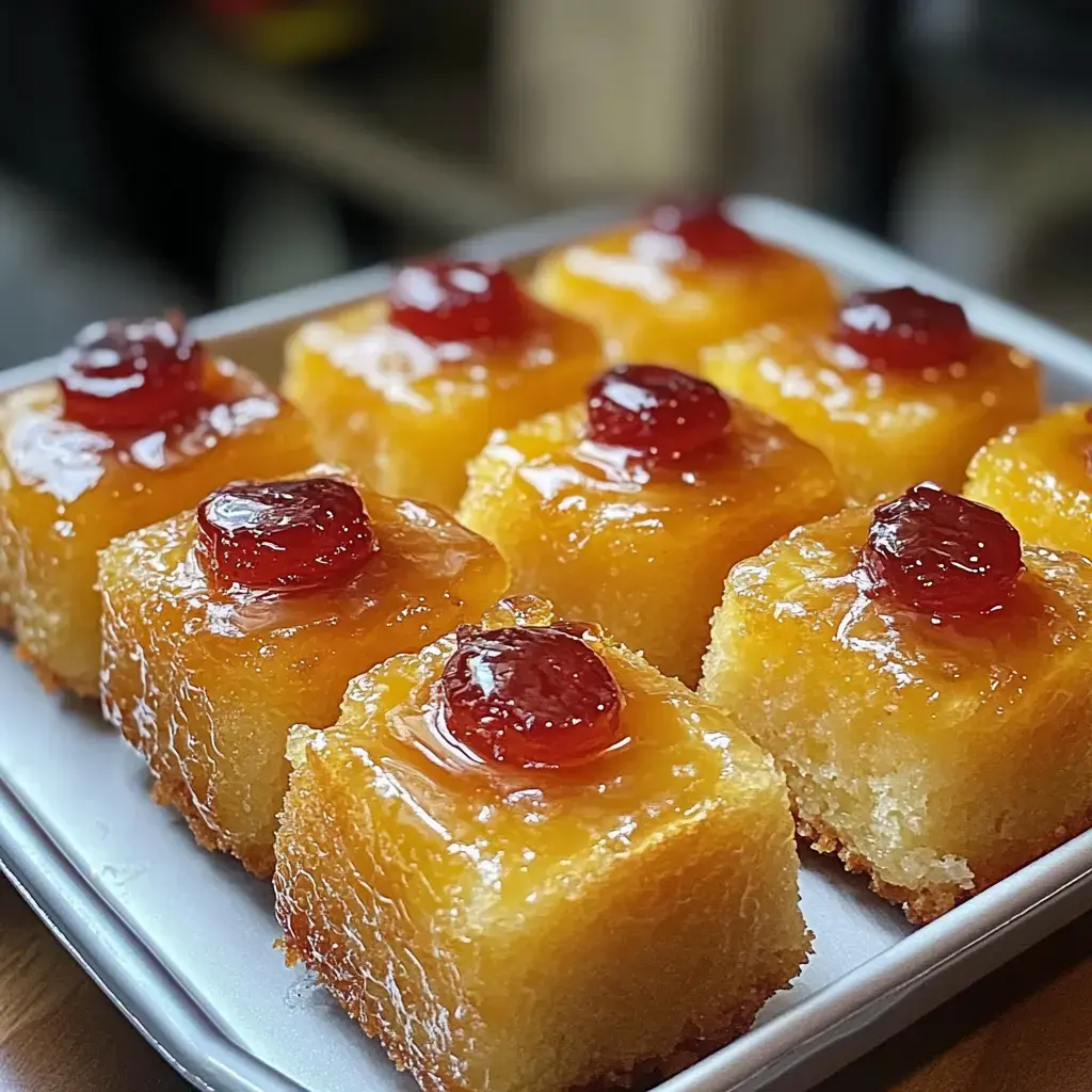 A plate of yellow, glazed cake squares, each topped with a glossy red cherry.