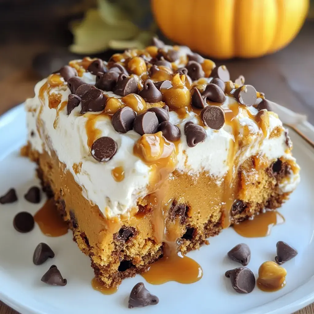 A delectable layered dessert featuring pumpkin flavor, topped with whipped cream, chocolate chips, and drizzled caramel.