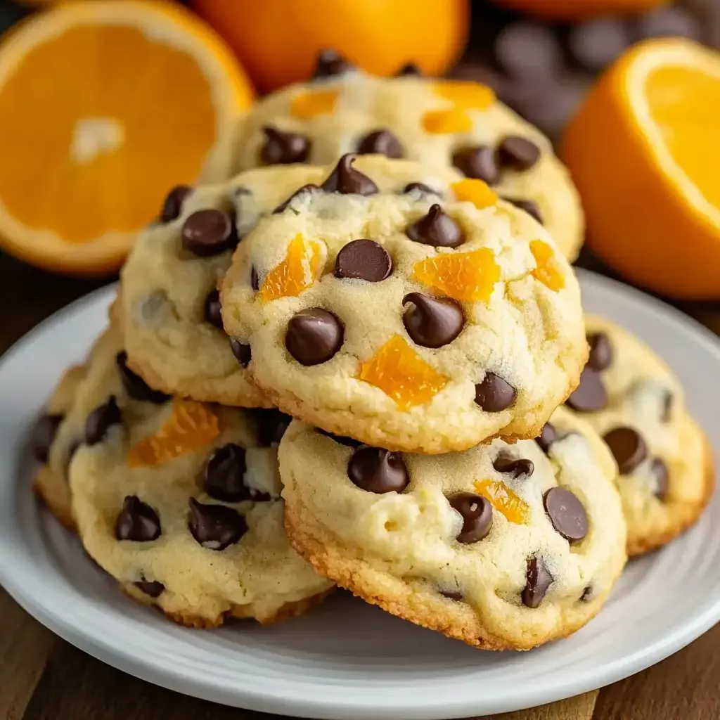 A stack of freshly baked cookies topped with chocolate chips and orange pieces, with halved oranges in the background.