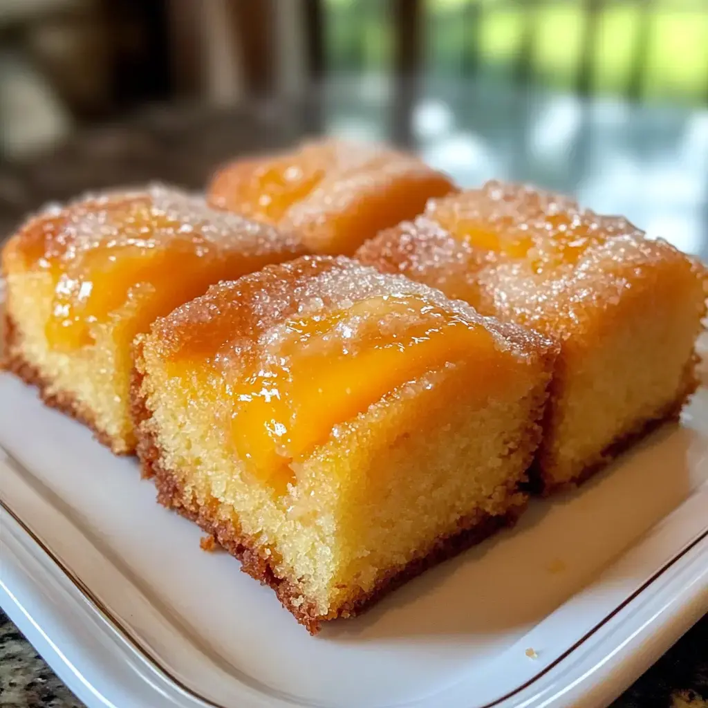 A plate of square slices of cake topped with a glossy peach glaze and sugar.