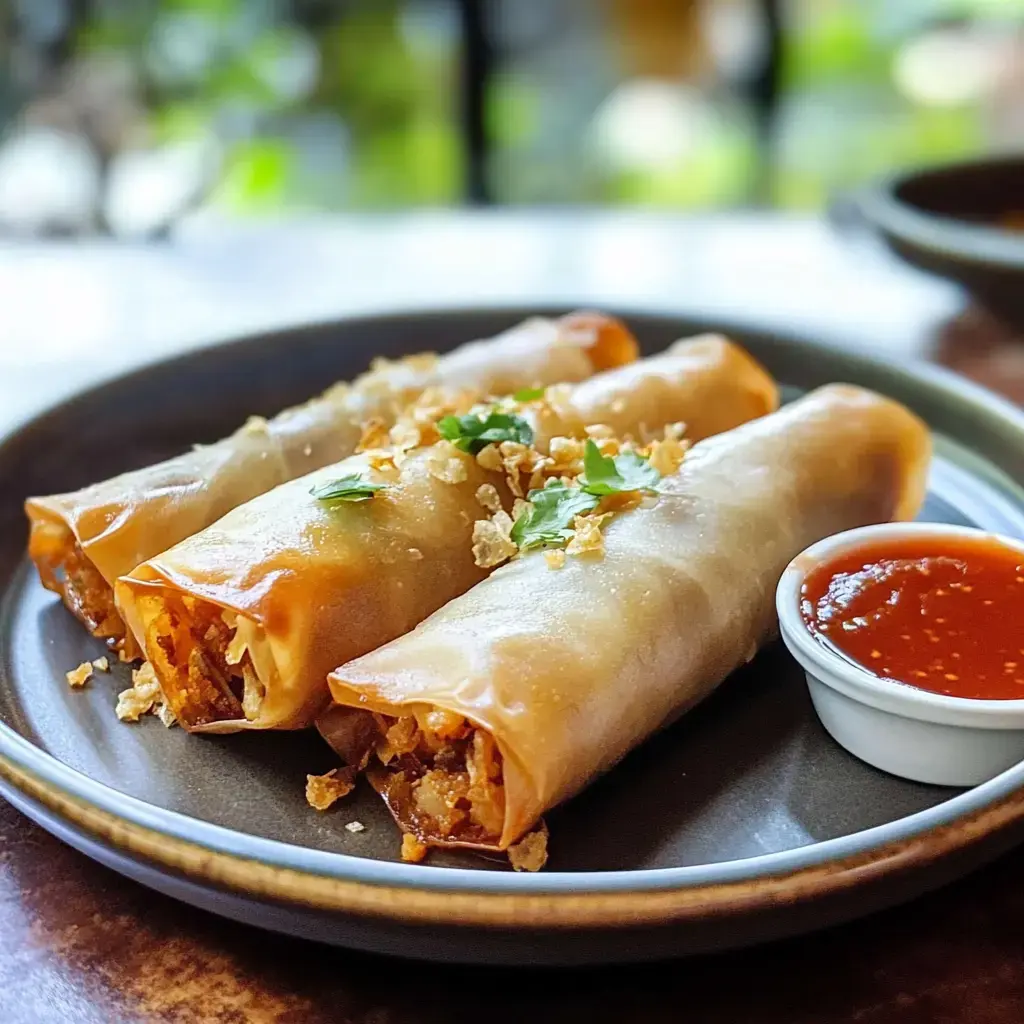 A plate of three crispy spring rolls garnished with chopped herbs and crispy onions, accompanied by a small bowl of dipping sauce.