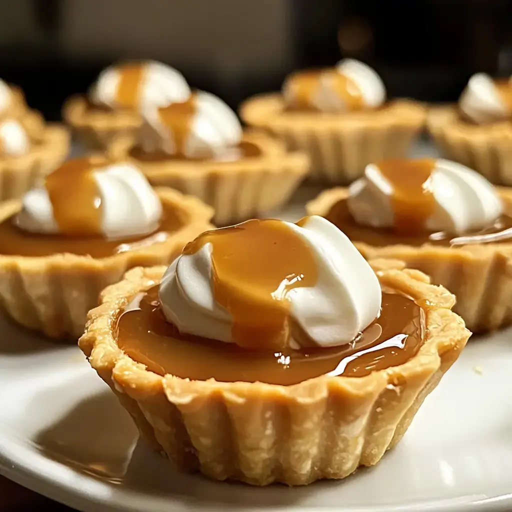 A close-up of mini caramel tarts topped with whipped cream and drizzled with caramel sauce.