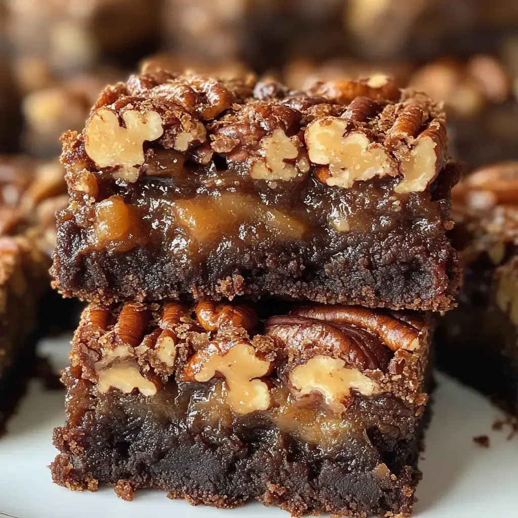 A close-up of two layers of rich pecan caramel bars, showcasing a dark chocolate base topped with chopped pecans.