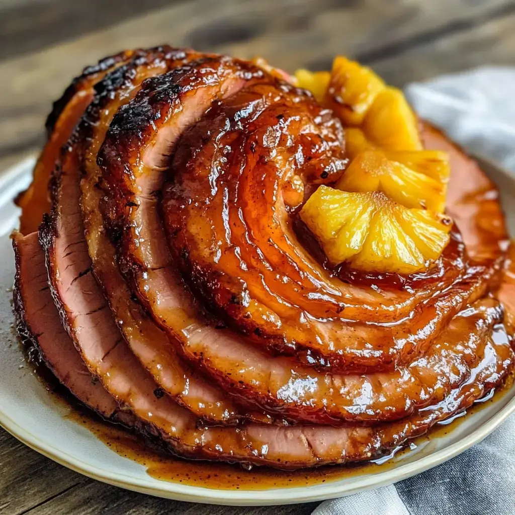 A glazed spiral ham topped with pineapple slices is presented on a plate.