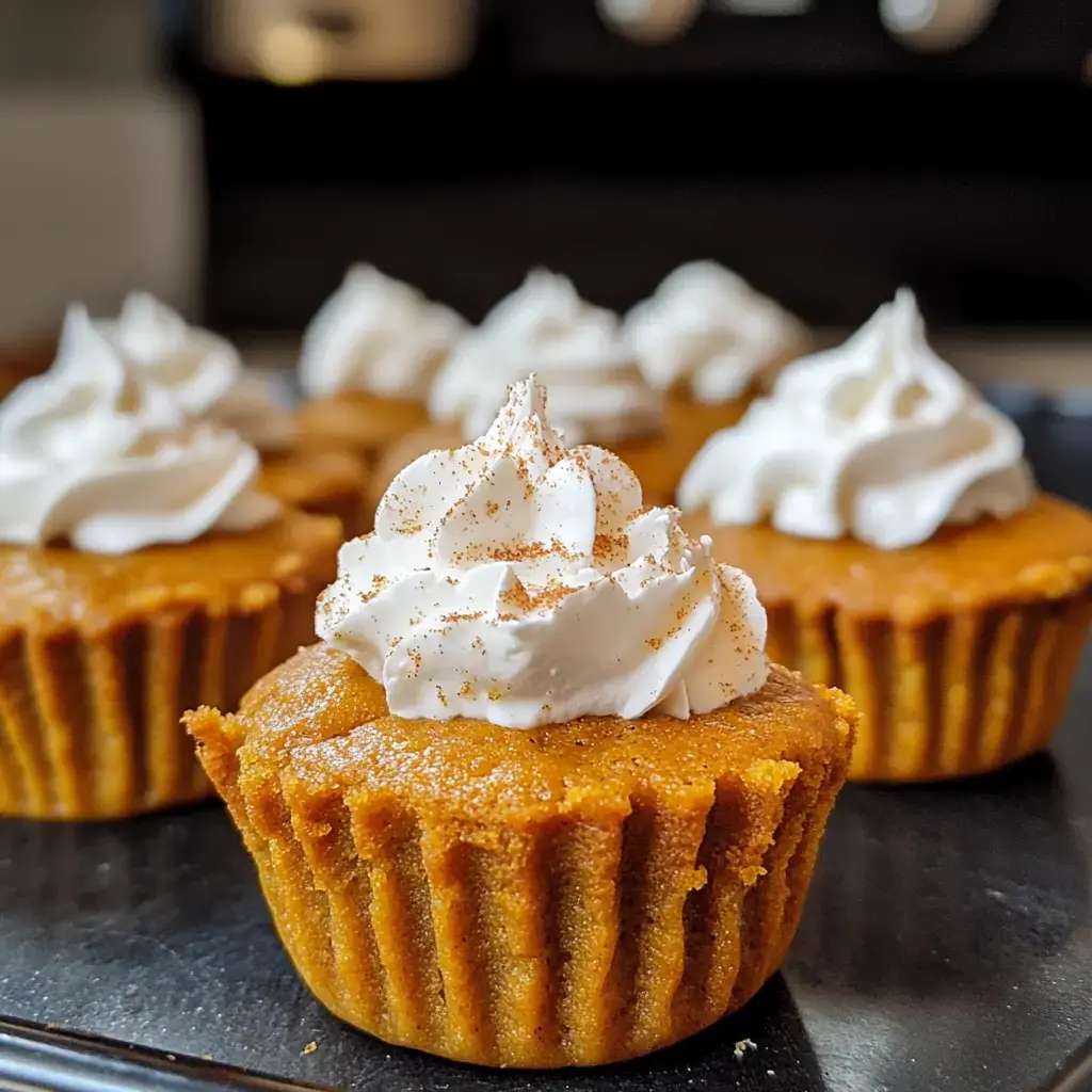 A close-up of pumpkin cupcakes topped with whipped cream and a sprinkle of cinnamon.