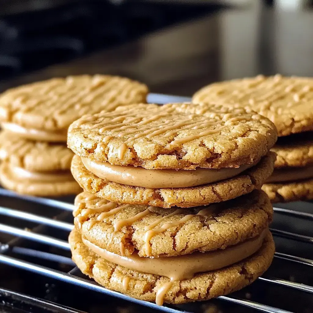 A stack of peanut butter cookies filled with a creamy peanut butter filling and drizzled with caramel on a cooling rack.